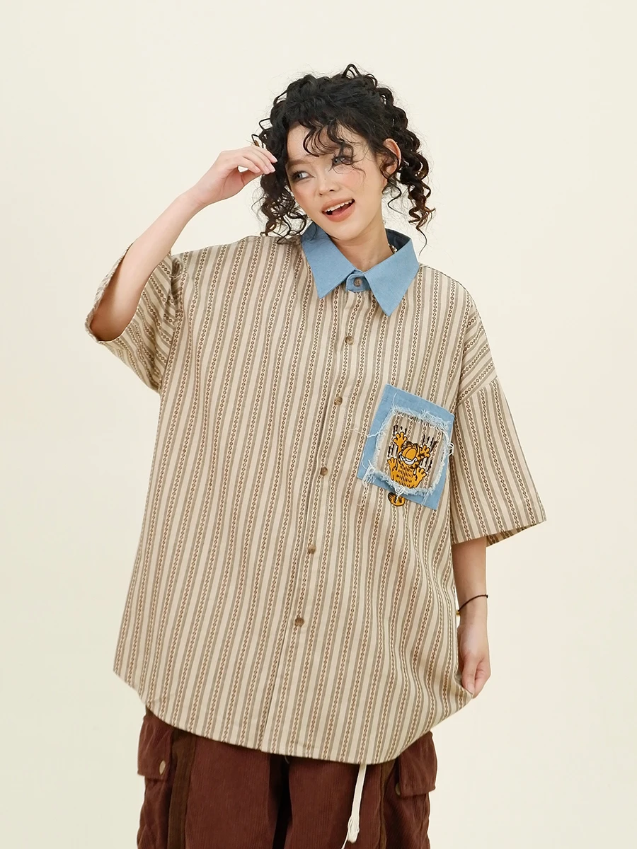 Vertical Striped Cartoon Short Sleeved Shirts for Women\'s 2024 Summer New Loose Bf Vintage Couple Top