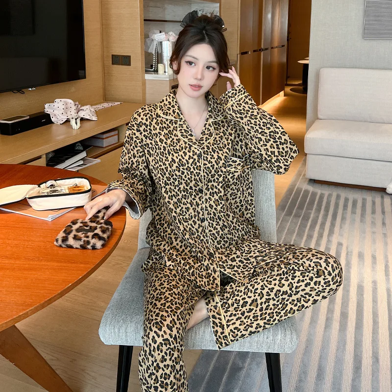 Women\'s Pajamas Set Spring Summer 2 Piece Leopard Pyjama Pocket Buttons Down Sleepwear Long Sleeve Pijama Mujer Pjs Homewear