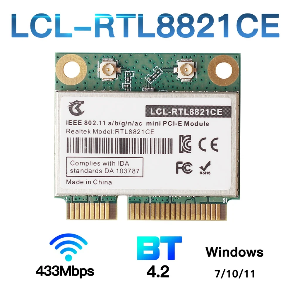 RTL8821CE 802.11AC for Bluetooth 4.2 43 bps 2.4Ghz/5Ghz Dual Band Mini PCIe WiFi CARD RTL8821 Support Laptop/PC