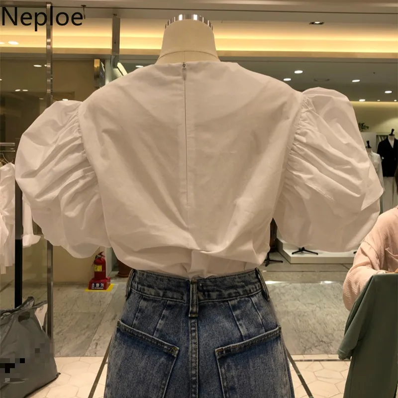 Neploe Puff Sleeve Blouse Women Solid Pleated O Neck Puff Sleeve Blusa Shirts Spring 2024 Fashion Casual Female Tops 1C809