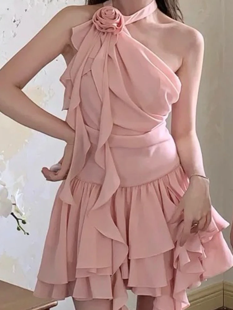 

Solid Spliced Appliques Layered Cake Mini Dress for Women Halter Flower Decoration Sleeveless High Waist Temperament Dress
