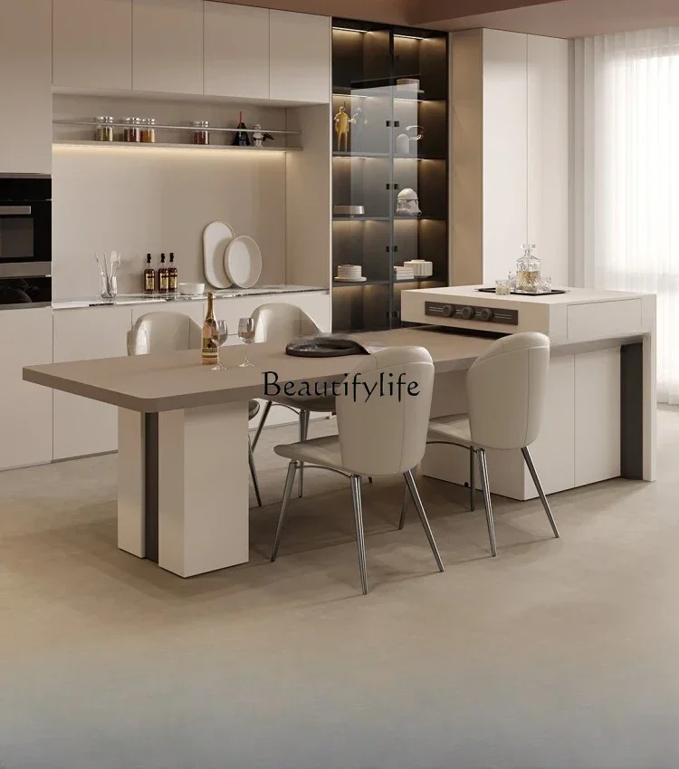 

XX39Italian minimalist island dining table integrated retractable rock slab high-end light luxury