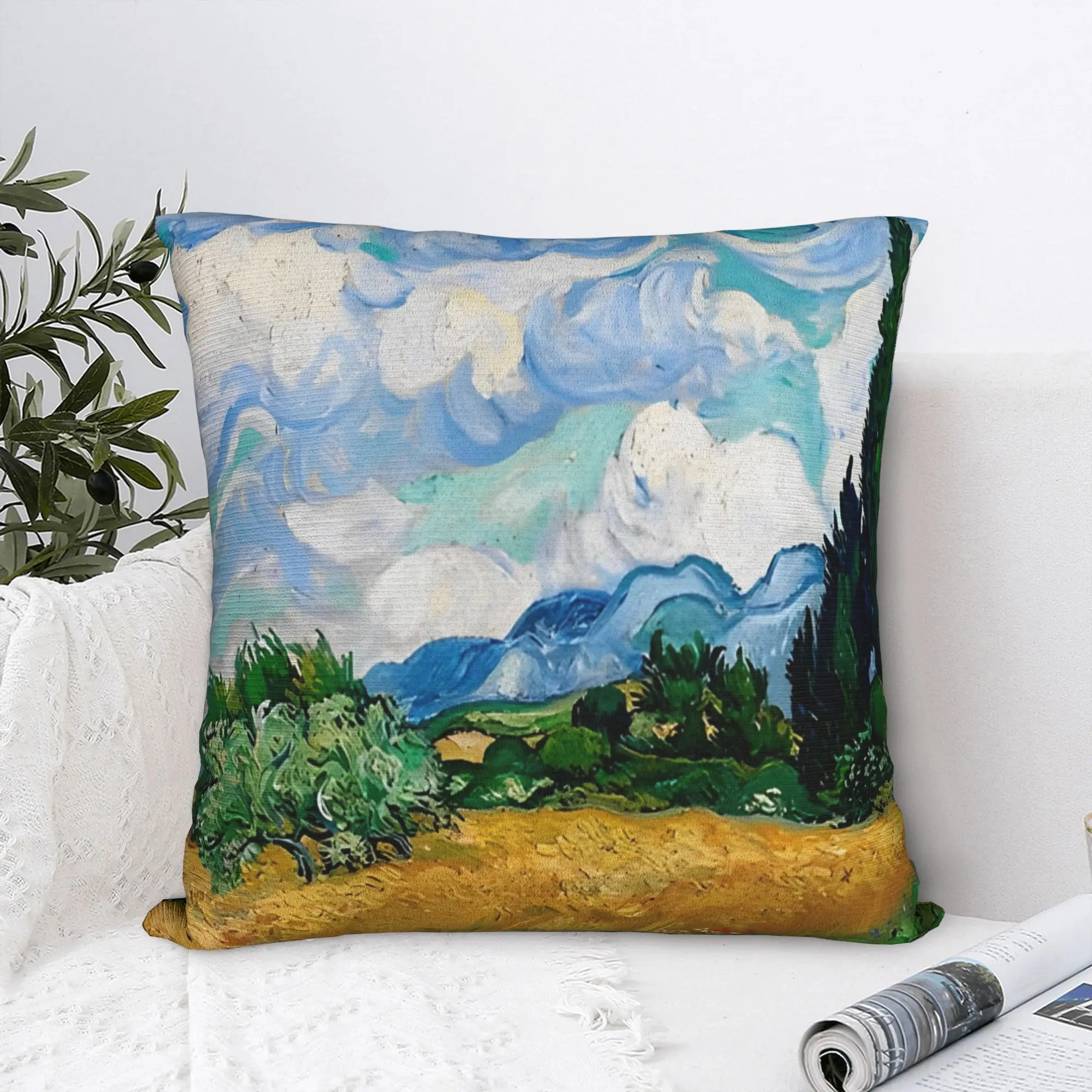 Van Gogh Wheat Field with Cypresses Square Pillow Cases Oil Painting Cushion Cover Customized Decor Pillowcase for Home 45x45cm