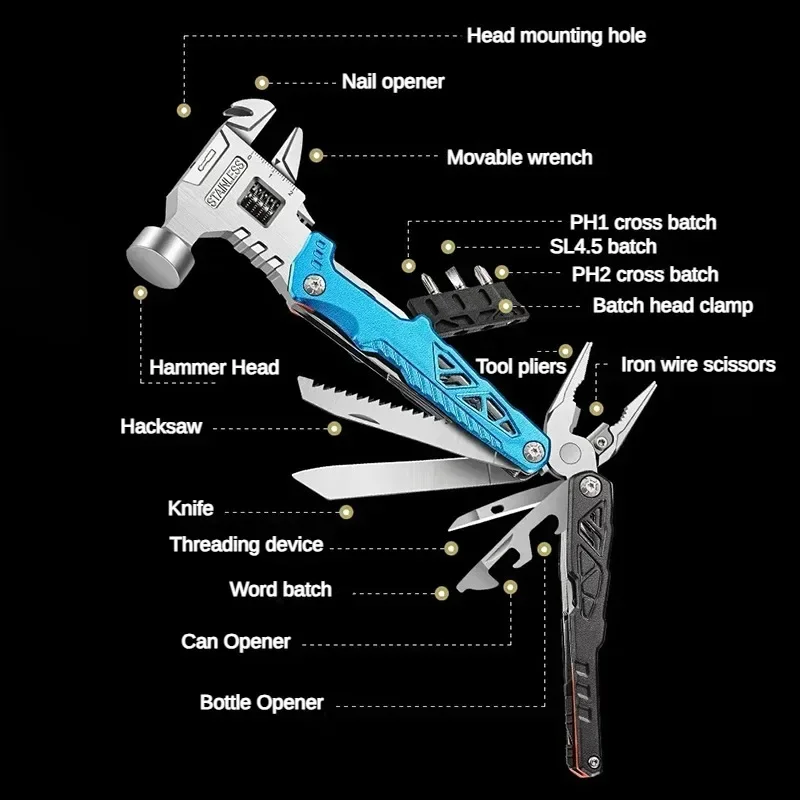 Outdoor Multifunctional Hammer Camping Portable Carbon Steel Mini Hammers Wrench Tool Pliers Natural Hiking Survival Tools