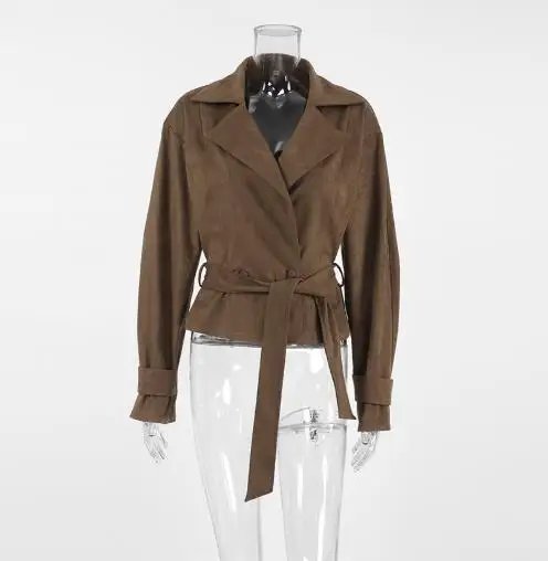 

Women's Jacket 2025 Autumn New Solid Color Casual Turn-Down Collar Long Sleeve Lace Up Double Breasted Crop Jacket Coat