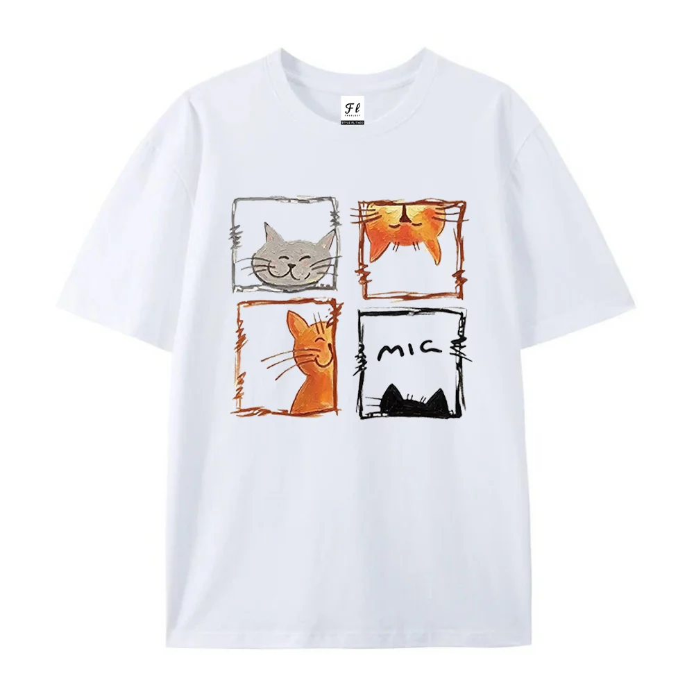 Women Graphic T Shirt Cute Sketch Cat Grid Print Crew Neck Short Sleeve Summer Casual Oversized Streetwear Tee