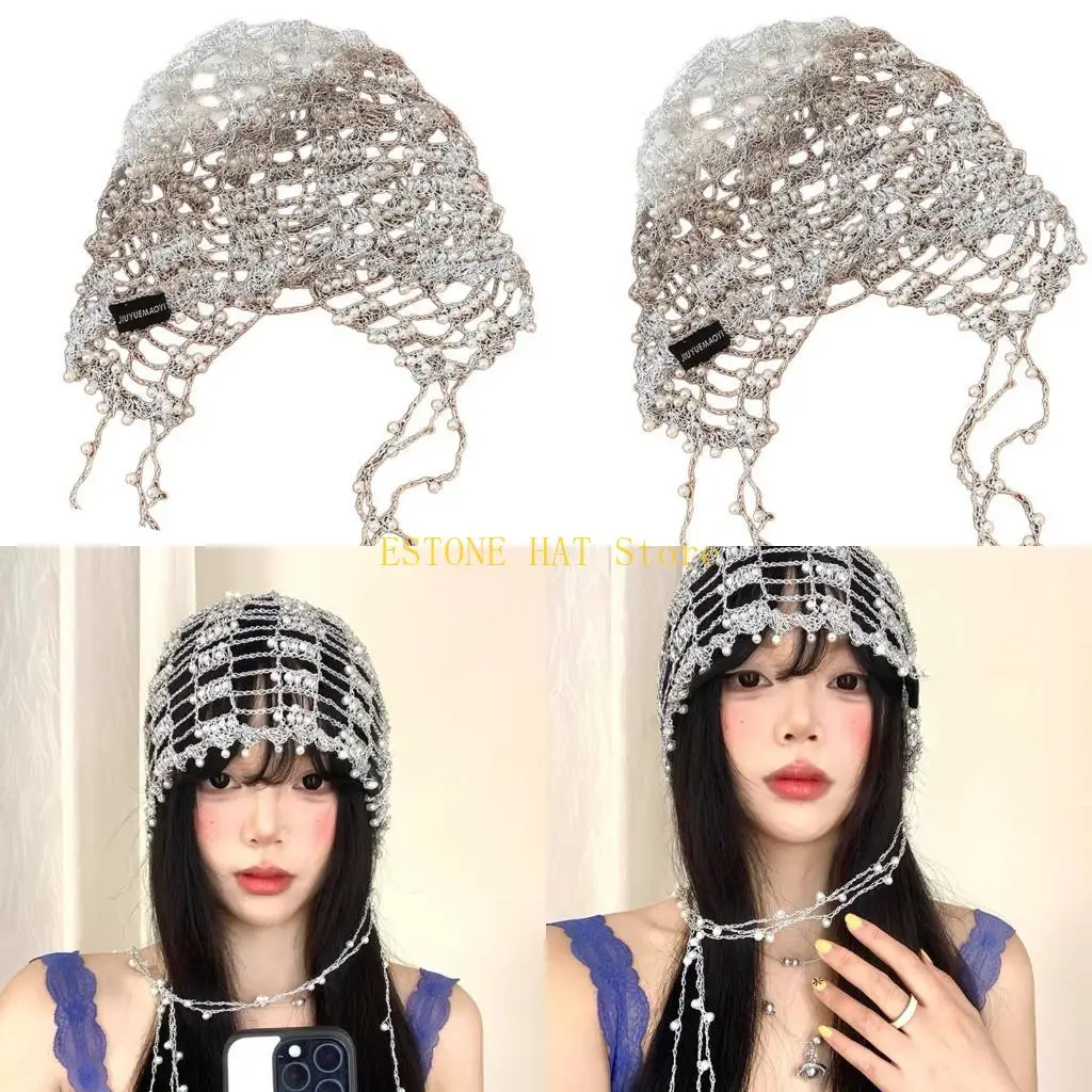 49MF Beaded Hollowout Hat With Metal Chain 2000s Headcover Hat for Women Party Wear