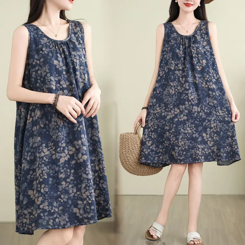 Retro bloemenprint Svel katoen Lin Dr dames zomer losse afslankende buikbedekking plus maat vest ort rok