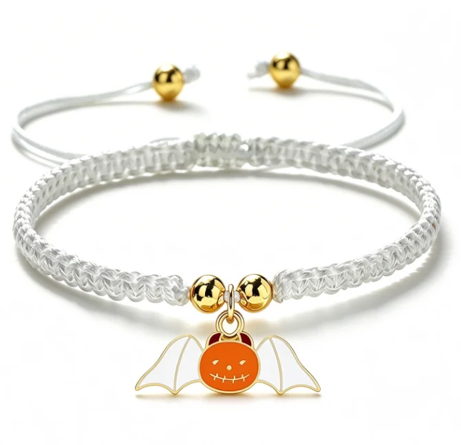 Halloween Spooky White Pumpkin Bat Charm Bracelet Hand Braided Nylon Cord Wristlets Vintage Gothic Dark Jewelry Party Accessory