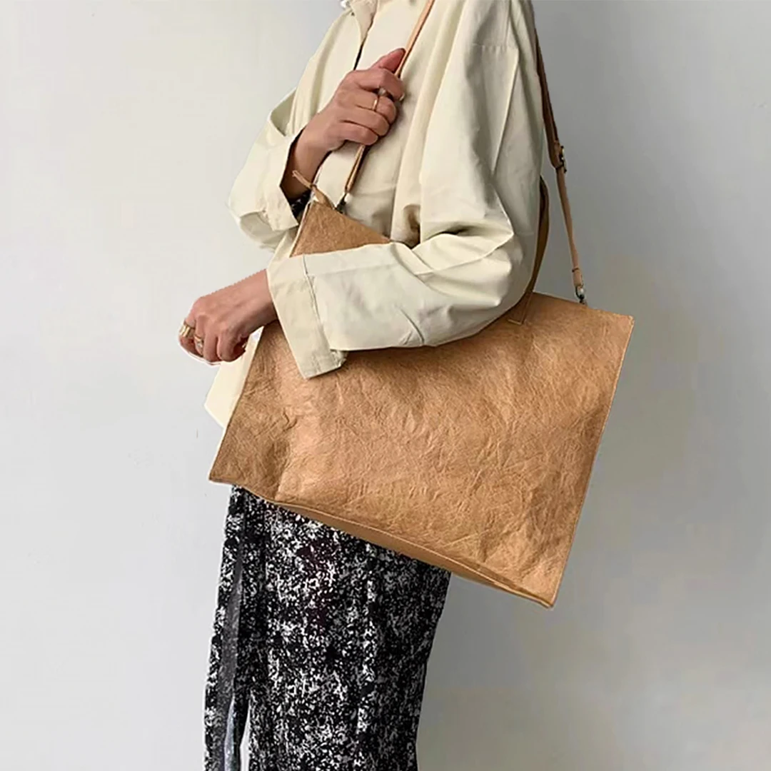 Women Kraft Paper Vintage Shoulder Bags Waterproof Casual Totes Large Capacity Handbags Travel Shopping Bag