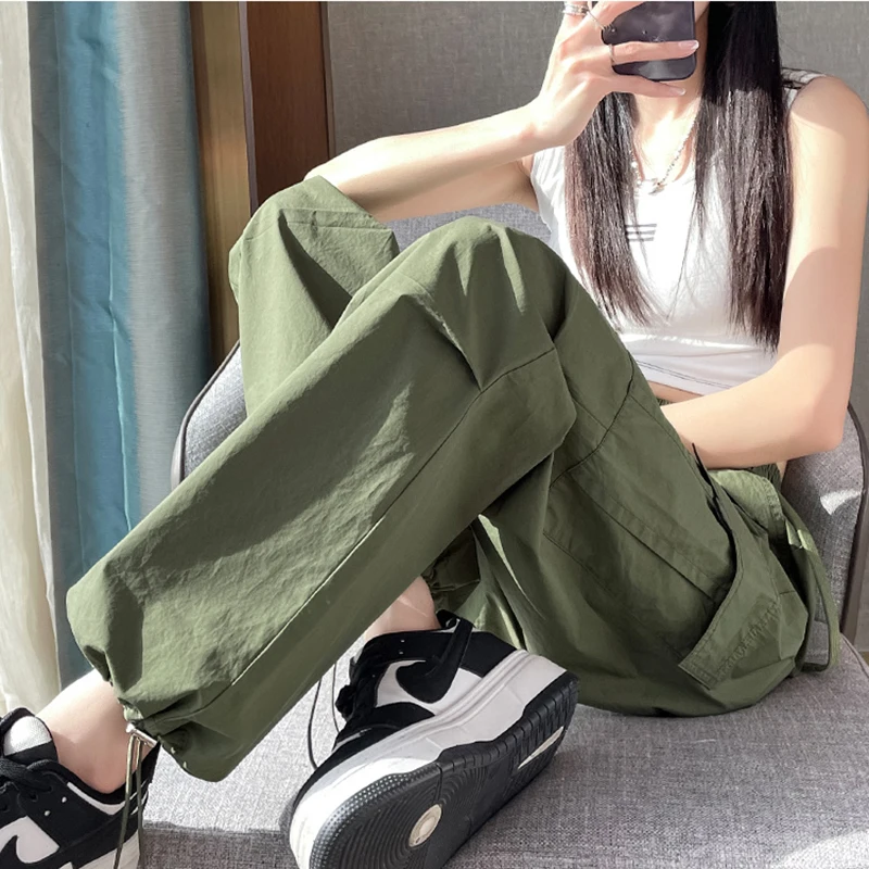 Mode Frauen Jogger Hosen Casual Weibliche Chic Gerade Cargo Hosen Elastische Hohe Taille Streetwear Dünne Hosen Sommer Dünne – Detail 9