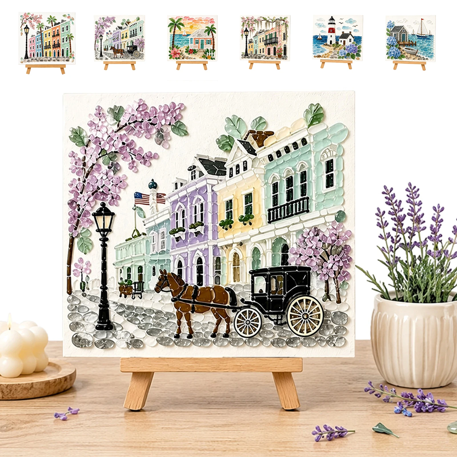 DIY Sea Glass Art Kit Adults 6 Coastal Town Mosaic Patterns Acrylic Wooden Easel Step-by-Step Instructions