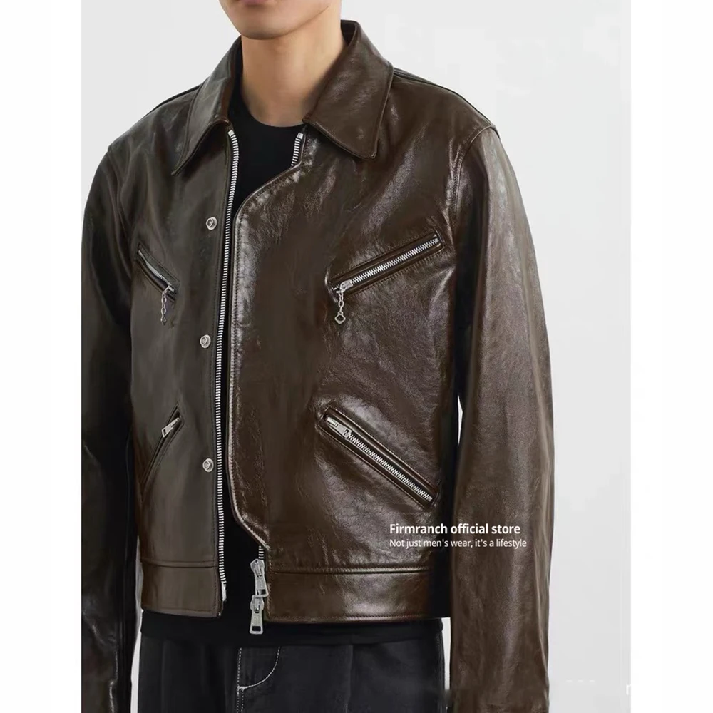 

Firmranch New Glossy Brown Vintage PU Leather Motorcycle Jackets For Men Women Zipper Biker Bomber Coat Autumn Winter Clothes