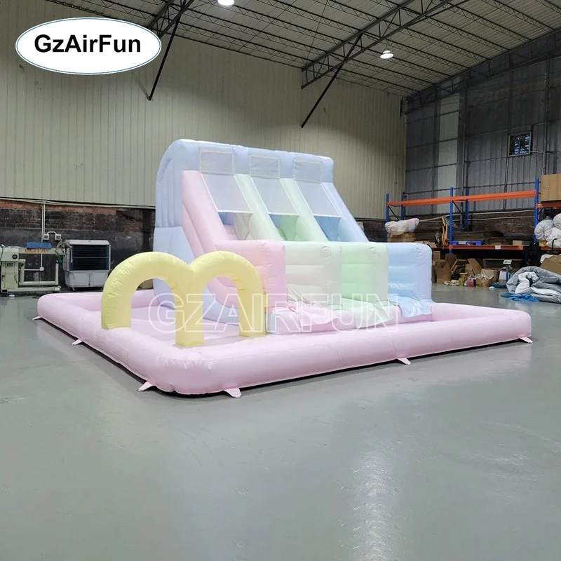 GZAIRFUN Macaron Pastel Color PVC Dry/Wet Dual-Use 3-Lane Inflatable Water Slide with Ball Pit Easy Setup for Kids Parties