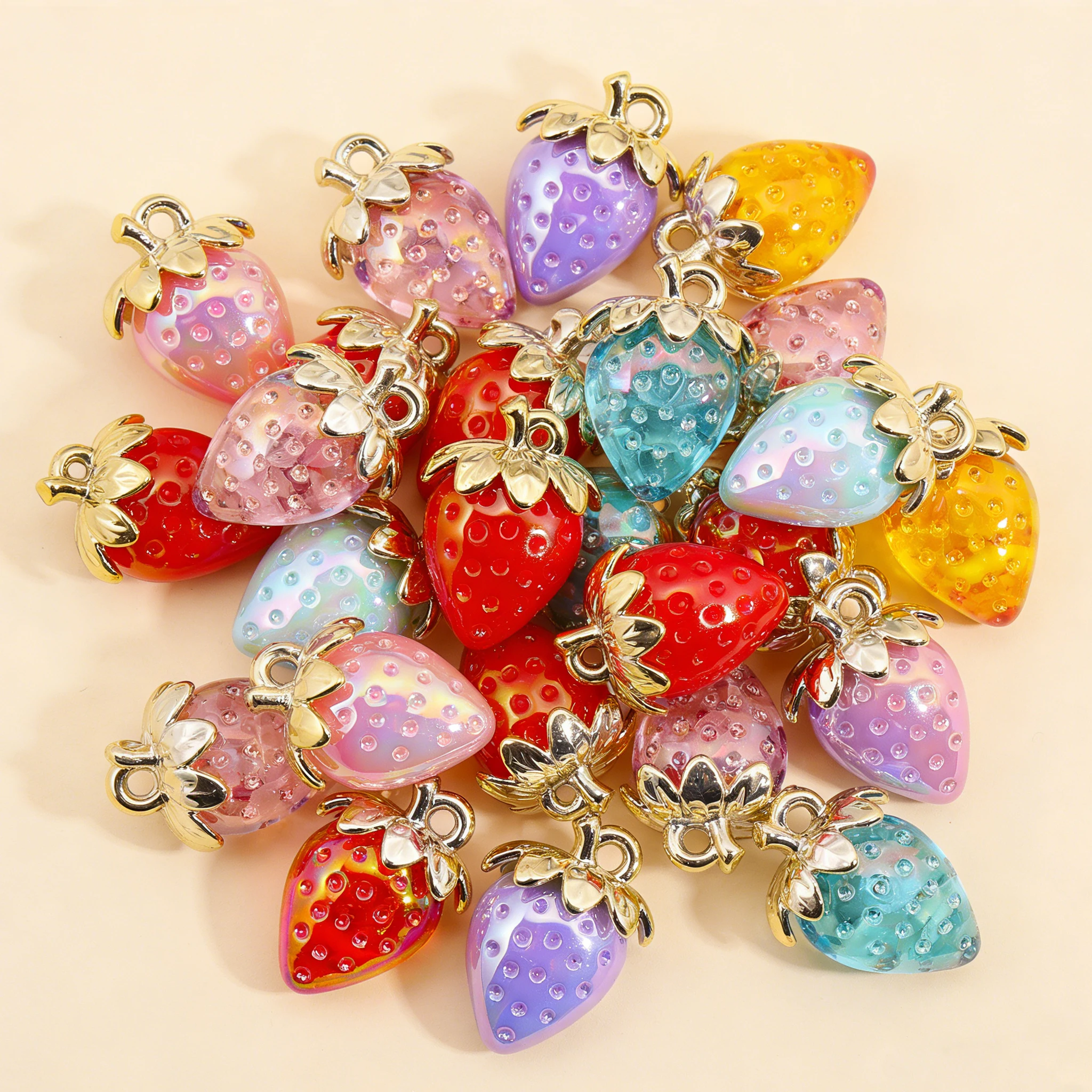 5Pcs Cute Colorful Crystal Strawberry Pendant 3D Simulated Fruit Charms for Women DIY Keychain Necklace Jewelry Making Accessory