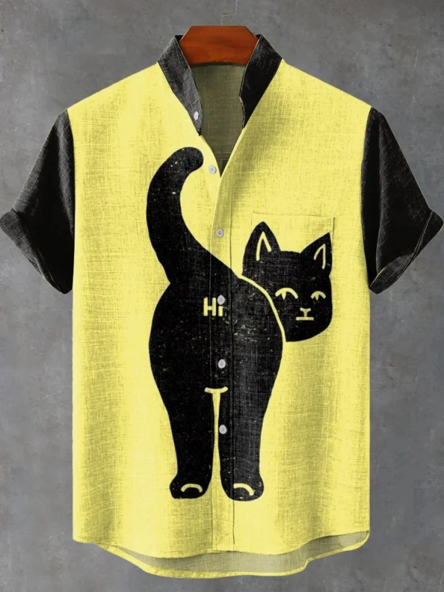 2025 Men's casual fashion new linen shirt art printed cartoon cat pattern shirt, fashion street casual comfortable men's top