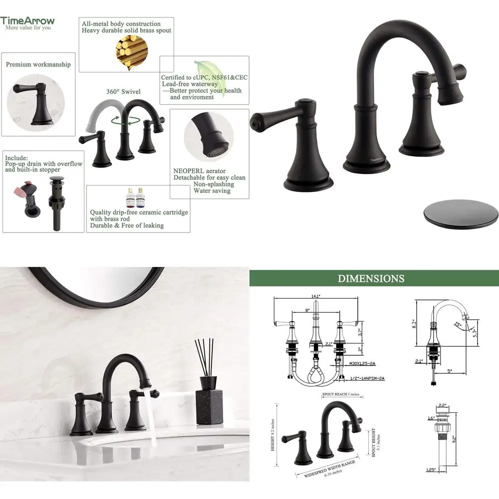 

8 Inch Widespread Matte Black Bathroom Sink Faucet with 3 Holes, 2-Handle Modern Lavatory Faucet featuring Brass Swivel Spout an