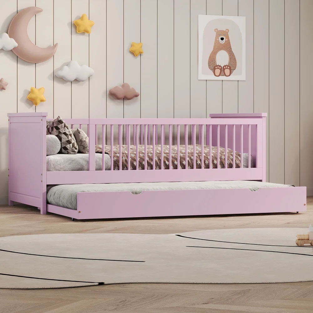 4-in-1 Mini Wood Twin Size Platform Bed with Guardrail,Pink/White Children Bed for Girls From 4To 8 Years Princesse Bunk Beds US