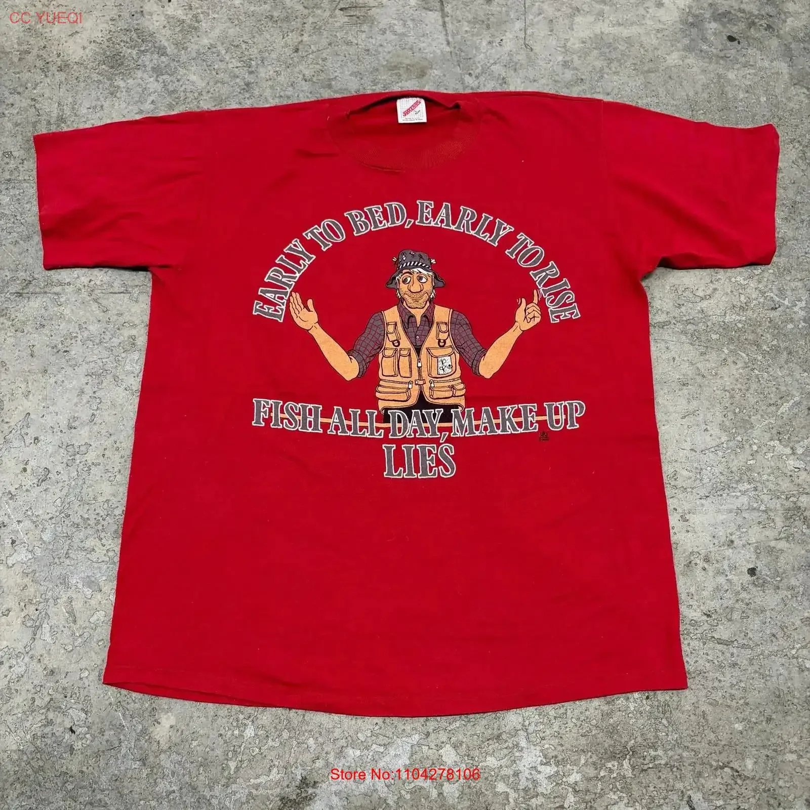 VINTAGE Fishing T Shirt Mens Large Red Early To Bed Fish All Day Jerzees USA 80s vintage Washed Breathable