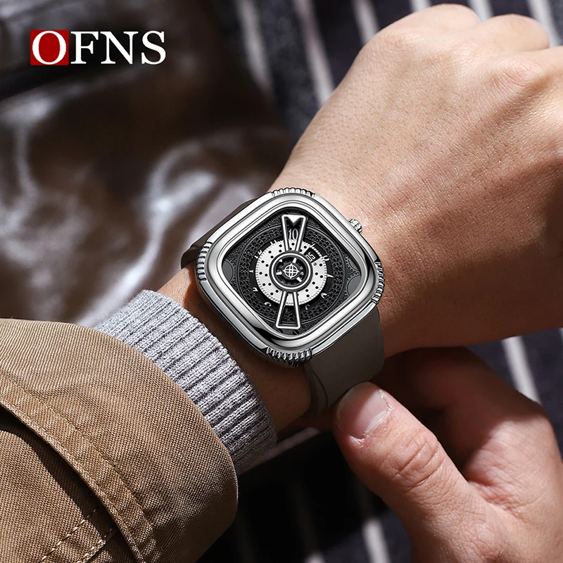 OFNS 1312 R square Gold Business Creative Pointer Men Watch Sport Quartz Timer Wristwatch High Quality Silicone Band Man Clock