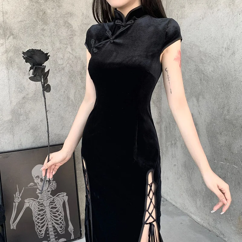 Cheongsam noir rétro chinois pour femmes, robe de soirée élégante, Qipao gothique, bandage à fente haute, robe sexy financièrement longue