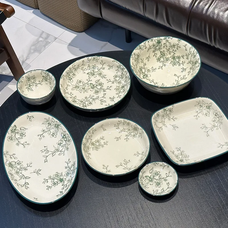 Ahunderjiaz-Retro Green Floral Ceramic Bowl and Plate Set, Light Luxury Household Bowls, Plates and Tableware Set