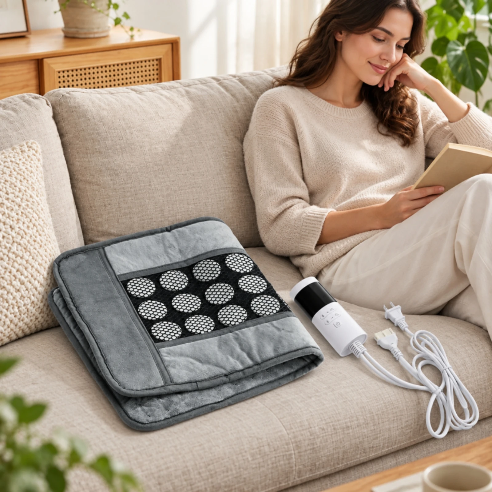 Quilted Heated Cushion with Jade Elements Padded Electric Heated Jade Cushion Soft Comfortable for Home Use, Sofa