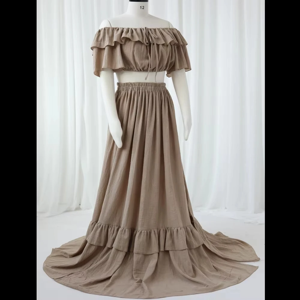 Elegant Maternity Photoshoot Set Cotton Adjustable Two Piece Dress with Slit Skirt Pregnancy Gown for Baby Shower Beach
