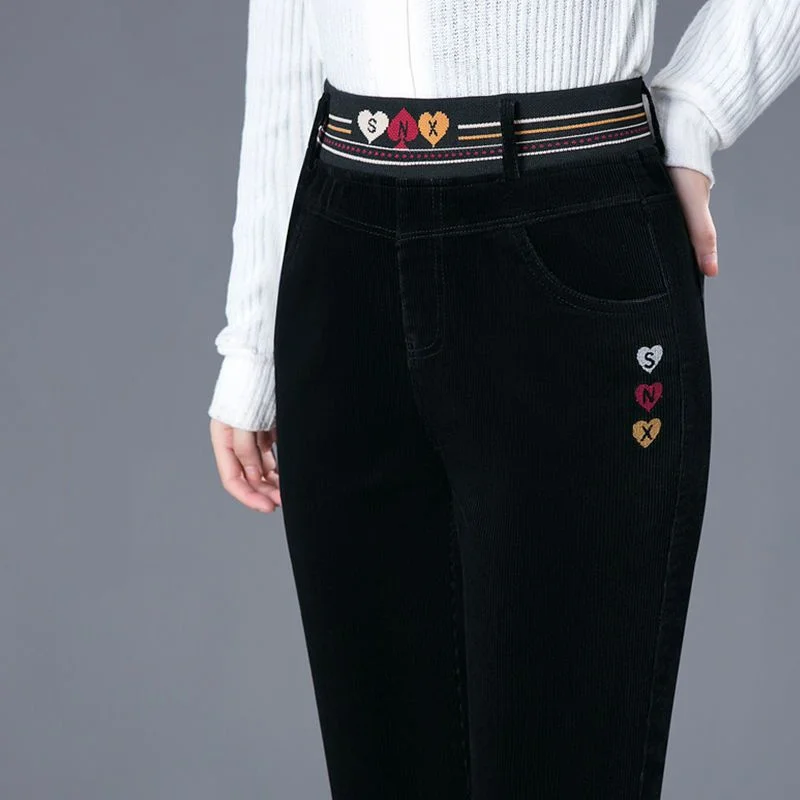 Winter New Corduroy Slim Haren Pants Women\'s Contrast Elastic High Waist Pockets Patchwork Fleece Casual Versatile Feet Trouser