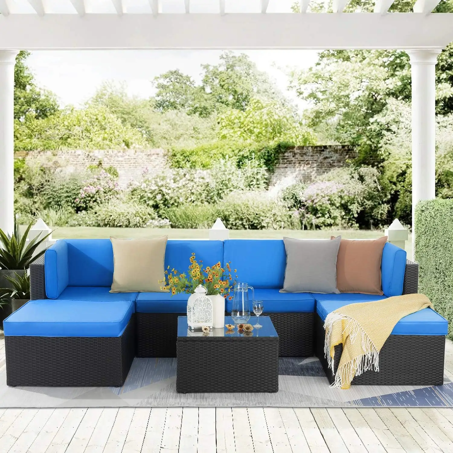 7 Pieces Patio Furniture Set, Outdoor Couch, All Weather Patio Conversation Sets with Washable Cushions and Glass Table