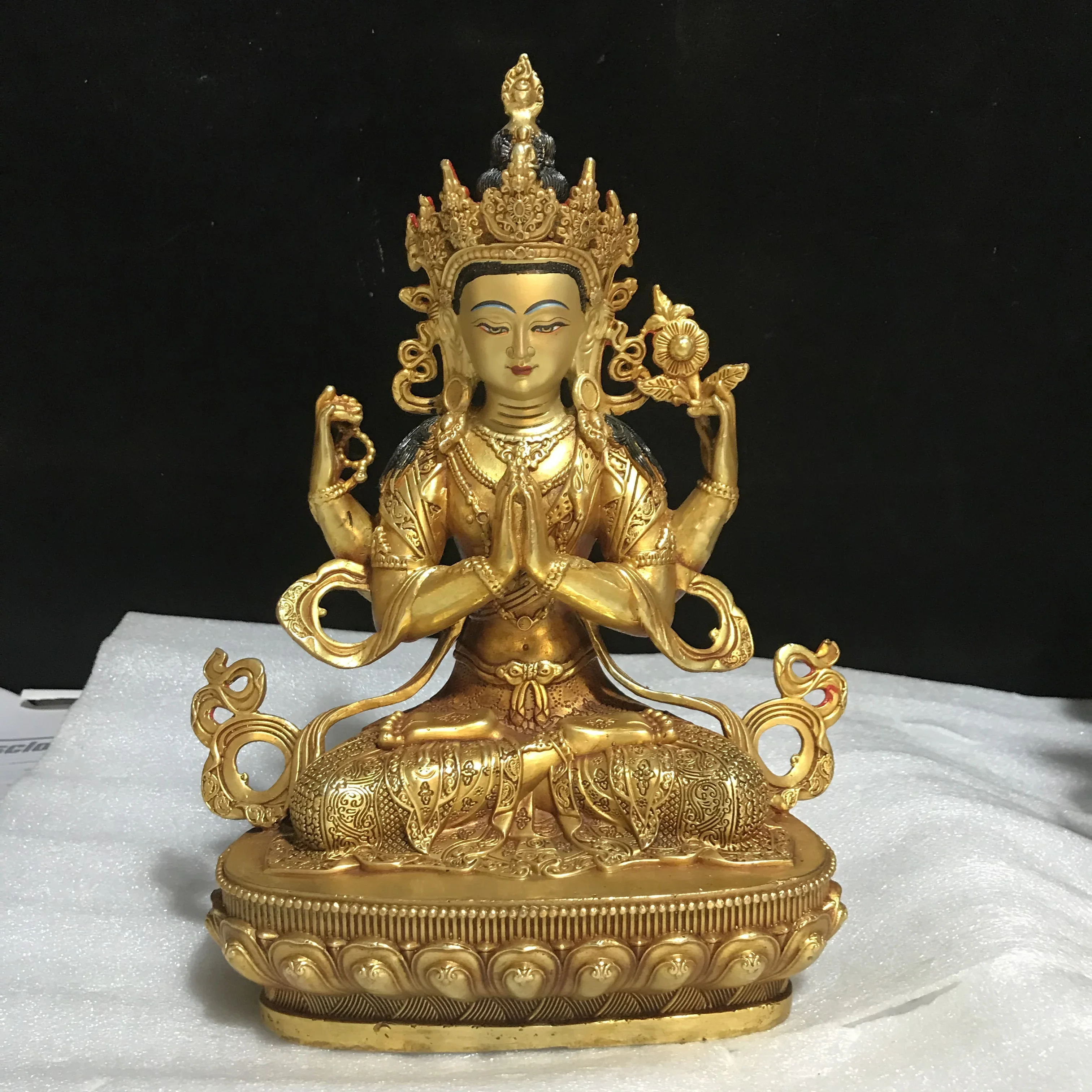 10 inch pure copper gilt Buddha statue Tibetan craft yellow god of wealth green tara four-armed Buddha mother Shakya Ami bronze