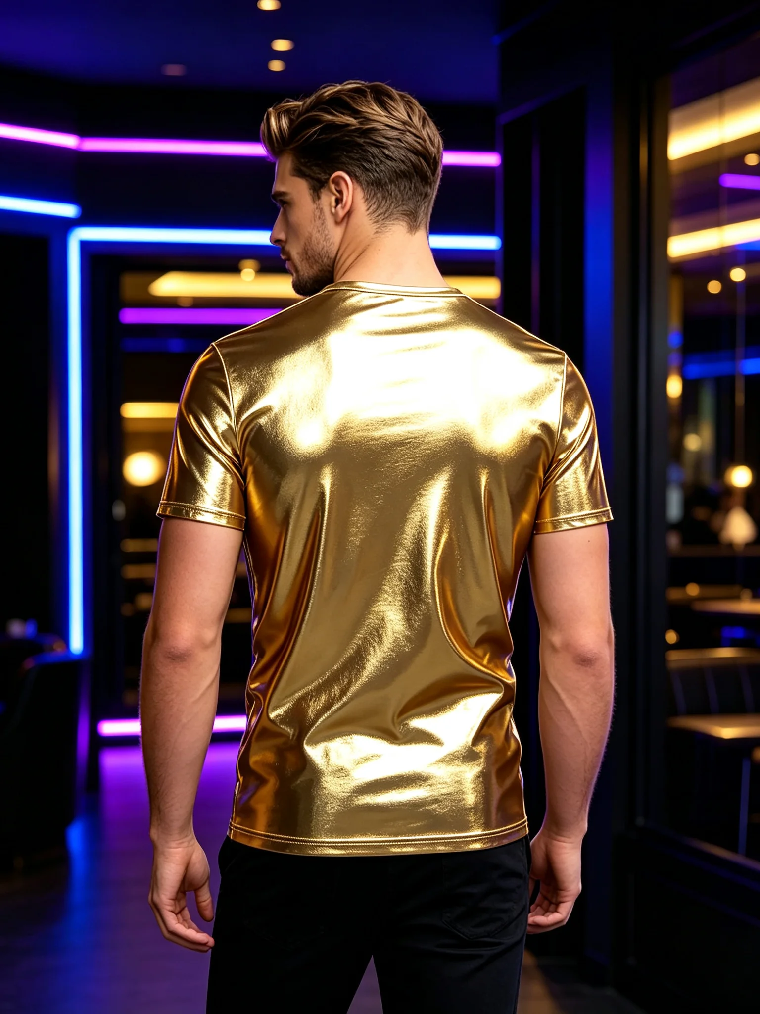 Herren Gold Glänzendes Kurzarm-T-Shirt, Party, Sport, Modisches Freizeit-Oberteil – Detail 5