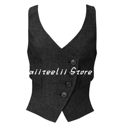 Women's Vest V Neck 4 Button Single Breasted Herringbone Wool Vintage Elegant Slim Fit Jacket Women Sleeveless Vest Casual Tops