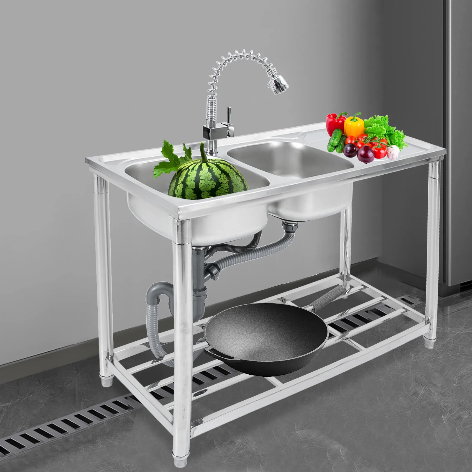 

Stainless Steel Commercial Kitchen Sink with Pull-Out Faucet Double Bowls Adjustable Feet Efficient Drainage System
