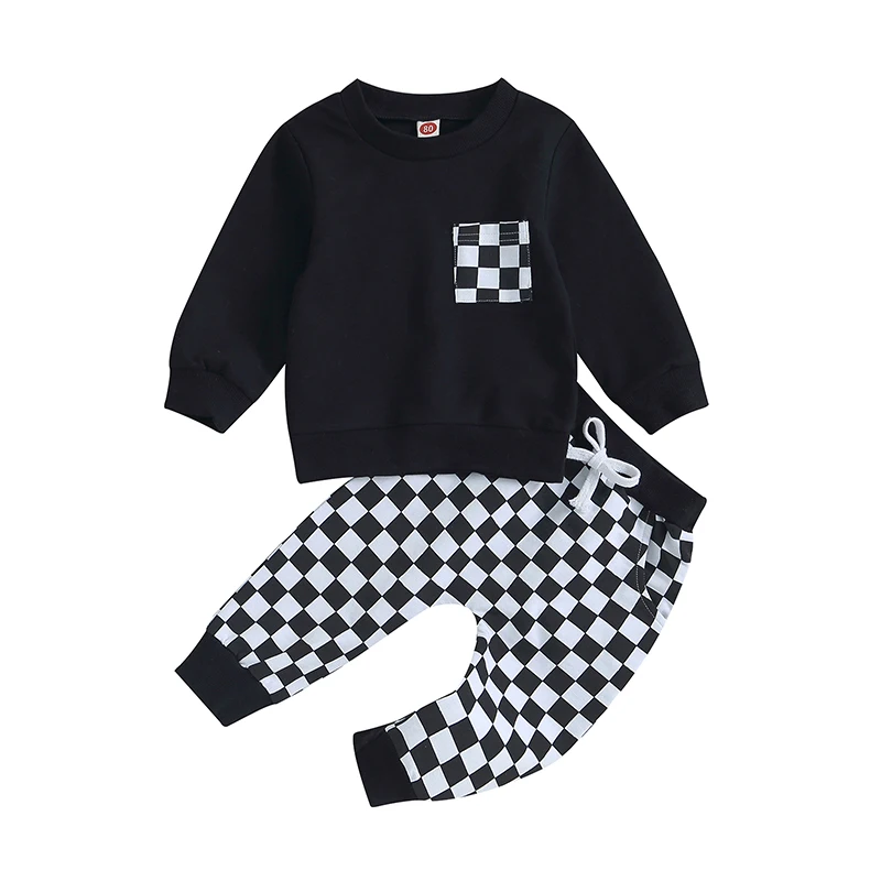 

Toddler Boys 2PCS Pants Sets Long Sleeve Sweatshirt Tops and Checkerboard Print Drawstring Pants Sets