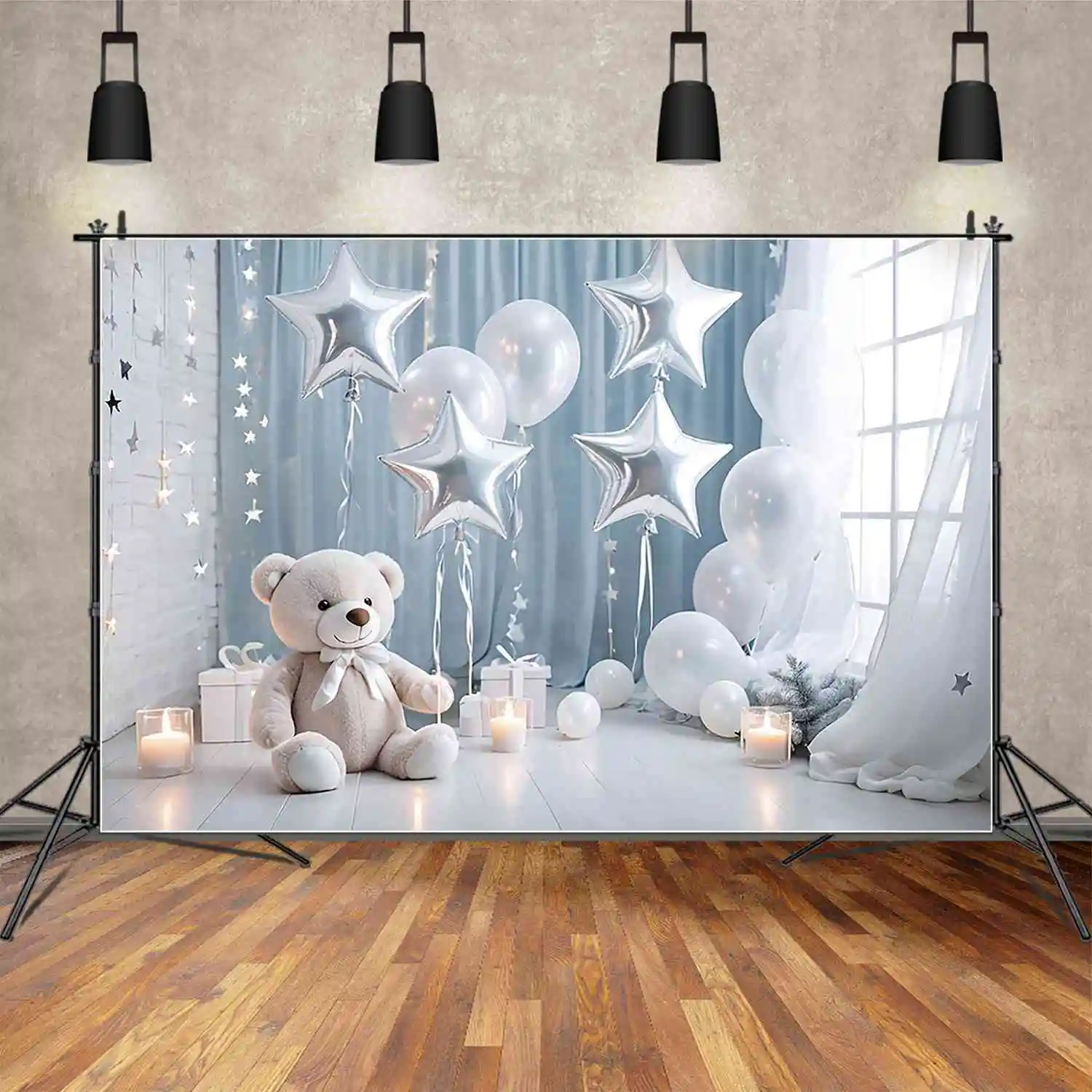 

MOON.QG Teddy Bear Draping Cloth First Birthday Background Boys Blue White Balloon Backdrops Party Decoration Photozone Props