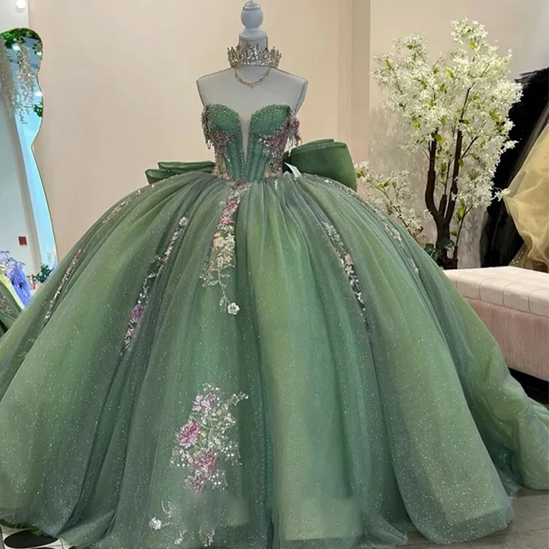 

Romantic Quinceneara Dress Beading Organza With Embroidery Ballgown Sleeveless Strapless Customized Bow Lace Up Vestido De Noche