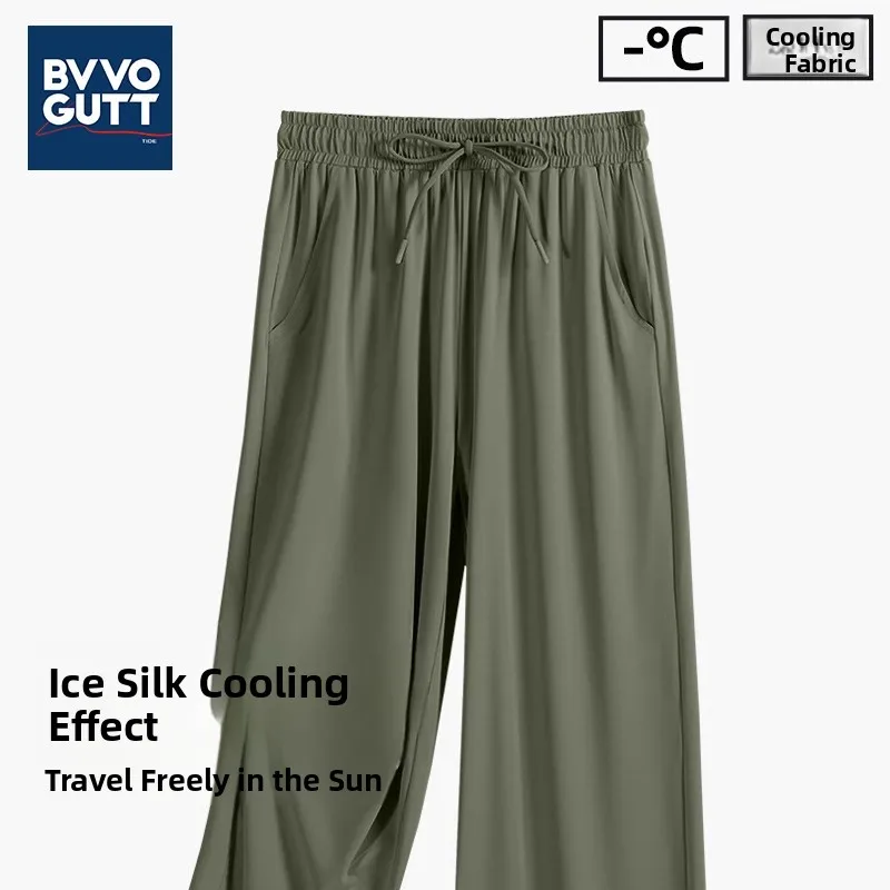 

Мужские прямые брюки из ледяного шелка, ультратонкие, с охлаждающим эффектом, повседневные, свободного кроя, больших размеров, летние, укороченные, спортивные штаны
