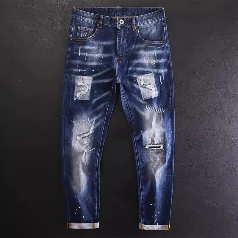 Jeans slim fit elástico vintage masculino, jeans azul split, calça lápis, designer de pintura, hip hop, moda de rua