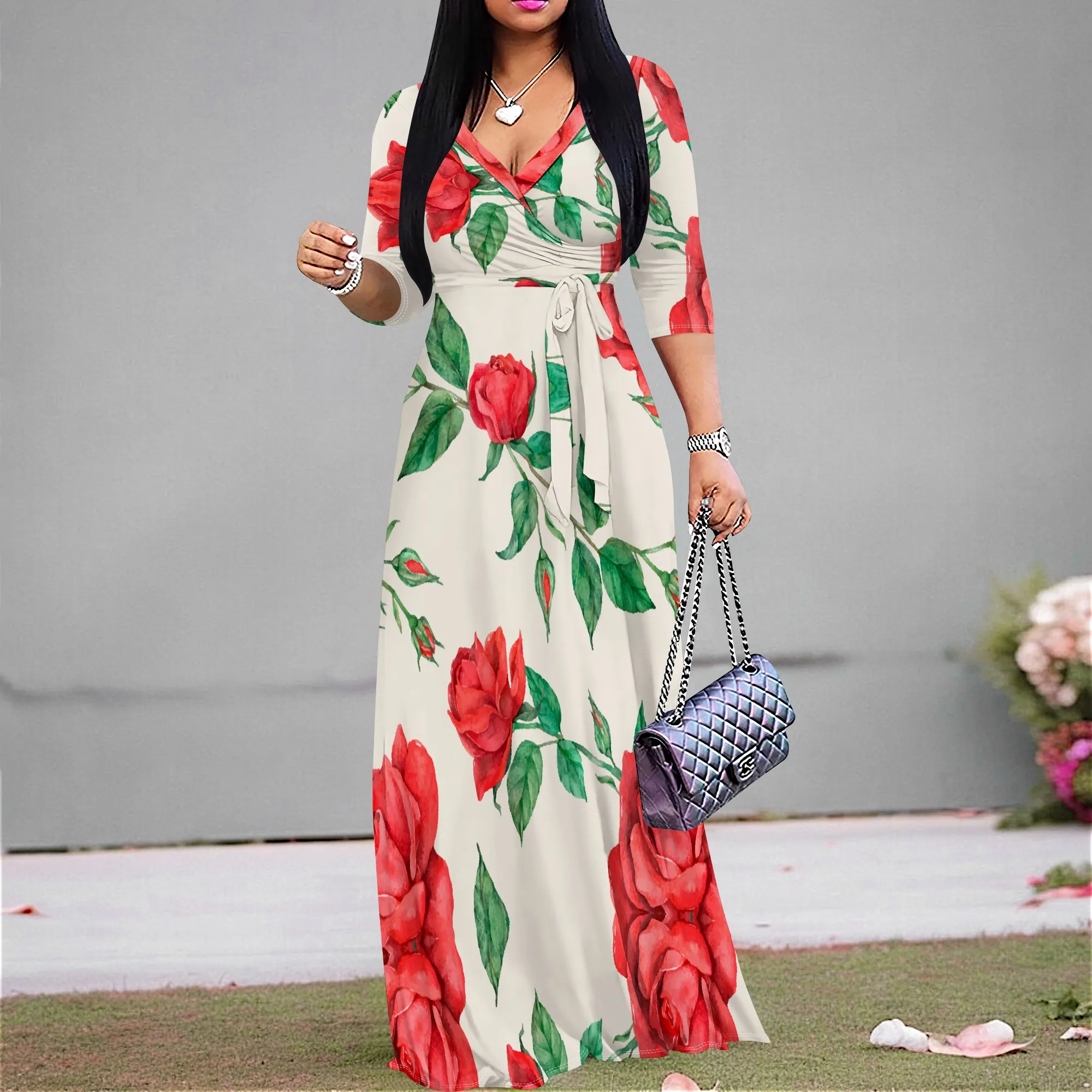 

Women's Summer Floral Maxi Dress V-Neck Red Rose Print Elegant Beach Party Long Dress S-3XL