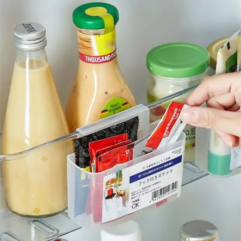 J0MC Hook-On Refrigerator Organizers Bin, Translucent Plastic Fridge Shelf Pocket