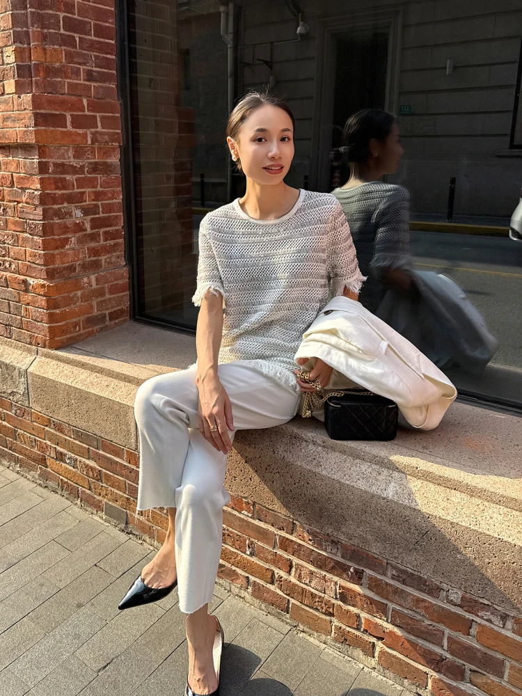 

the Ease Comfortable Knitted Linen ort Sve T-irt Hollow out Design Summer Top Faionable Straight Cut Daily Wear