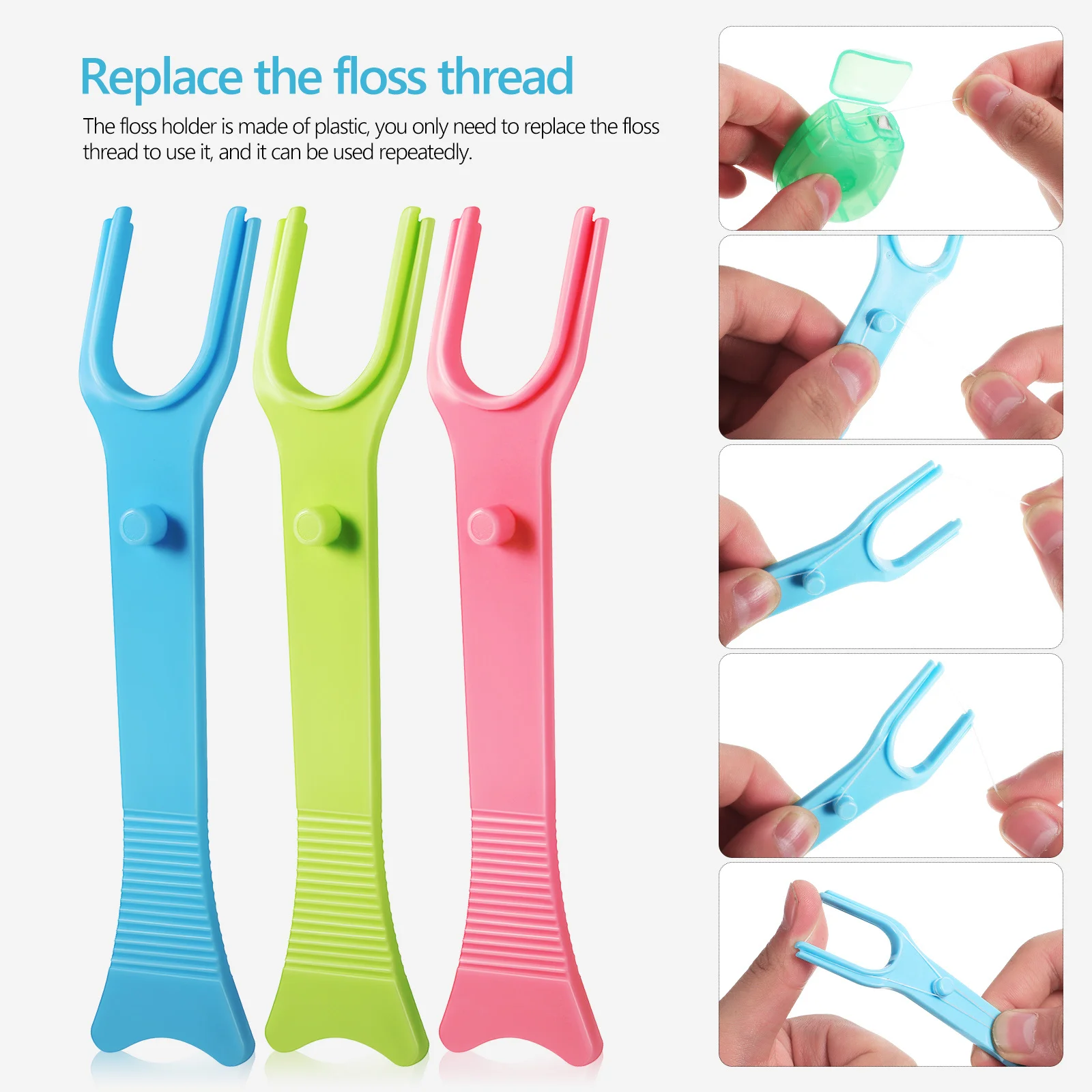 8 قطعة حامل أسنان قابل لإعادة الاستخدام 2 لفات بديلة خيط ناعم لتنظيف الأسنان بين التيجان مقبض طويل يصل إلى الأسنان الخلفية