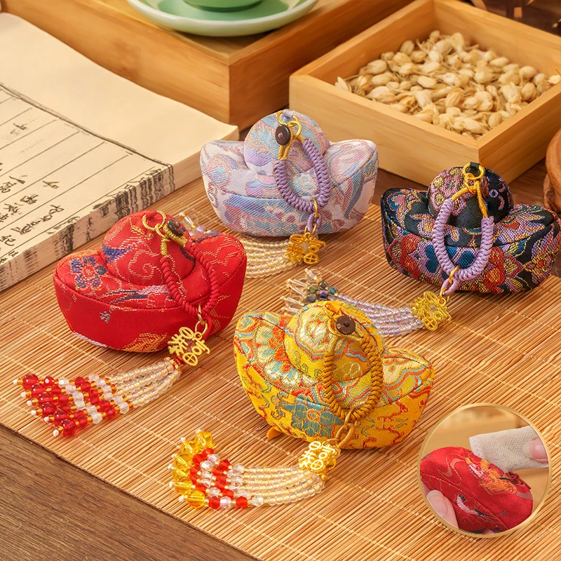 Chinese Style Yuanbao Sachet Pendant Song Brocade Handmade Vintage Embroidery Lucky Bead String Tassel Sachet Decoration Gift