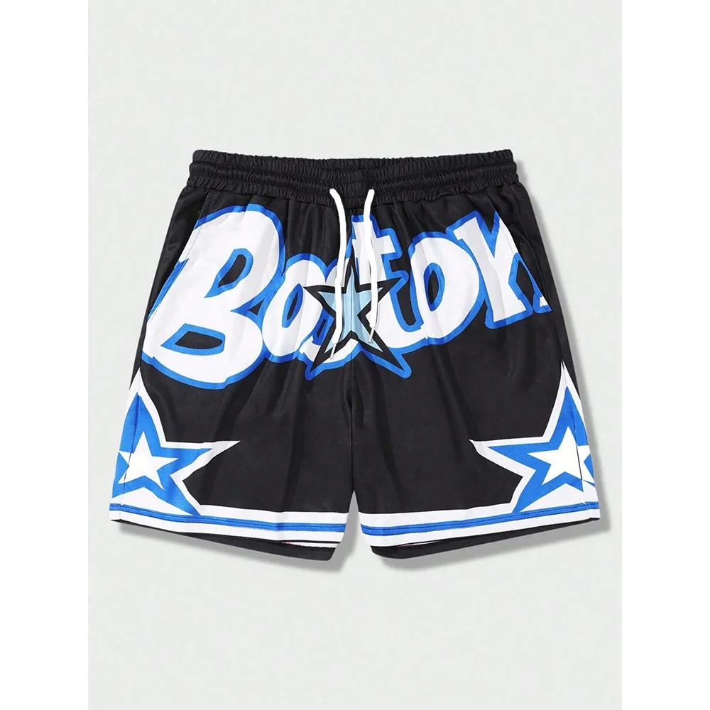 

Summer Simple Striped And Letter-Printed Basketball Shorts Loose And Quick-Drying Outdoor Fitness Training Drawstring Shorts