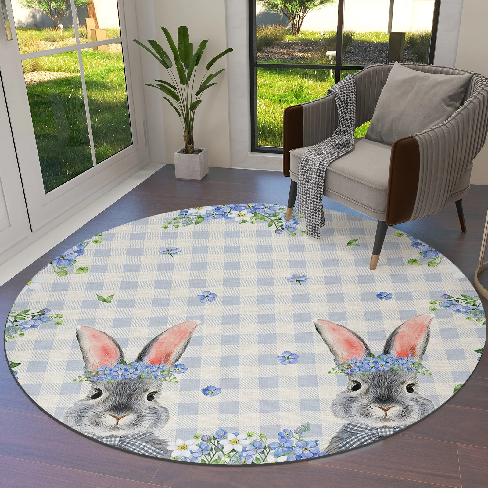 Spring Easter Bunny Blue Flowers Round Area Rug Carpets For Living Room Large Mat Home Bedroom Kid Room Decoration