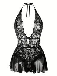 Floral Lace Plunging Teddy, Halter Strappy Backless Open Crotch Bodysuit, Women's Sexy Lingerie & Underwear