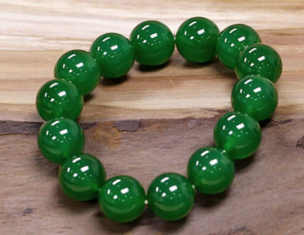 

14mm Natural Grade Green Jade Jadeite Round Gemstone Beads Bangle Bracelet 7.5''