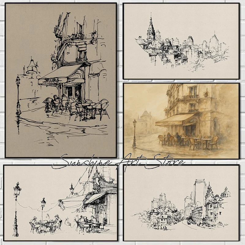 Minimalist City Skyline Landscape Sketch Architecture Cityscape Parisian Cafe Poster Canvas Painting Wall Pictures Home Decor