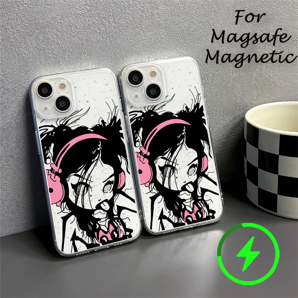 Pink headphones comic girl Phone Case For IPhone 15 14 13 12 11 Transparent Magnetic Suction Cover